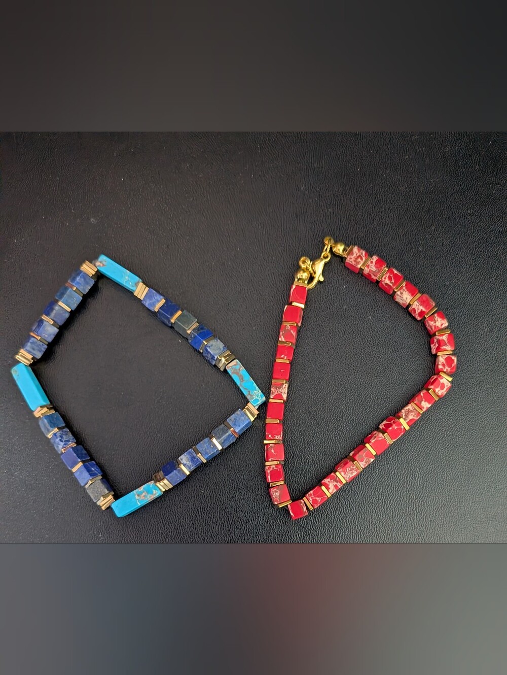 Gold-Accent Red Stone Beaded Bracelet And Blue Stone Stretch Bracelet